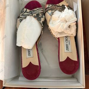 Jimmy Choo Burgundy and Cream Patterned Sandals